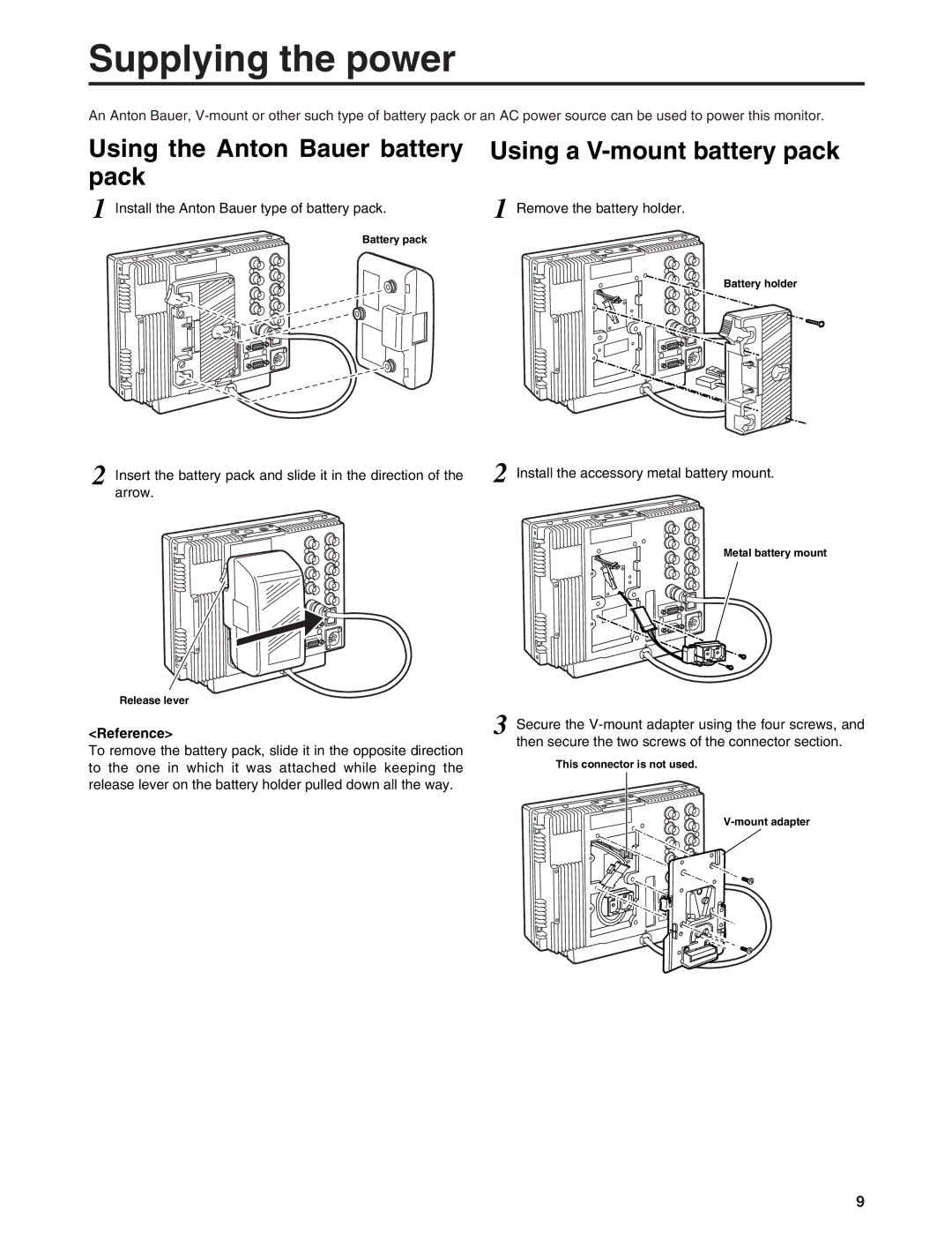 Panasonic BT-LH900E manual Supplying the power, Using the Anton Bauer battery pack, Using a V-mount battery pack, Reference 