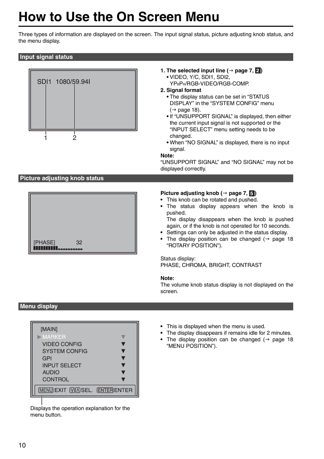 Panasonic BT-LT1700 manual How to Use the On Screen Menu, Input signal status, Picture adjusting knob status, Menu display 