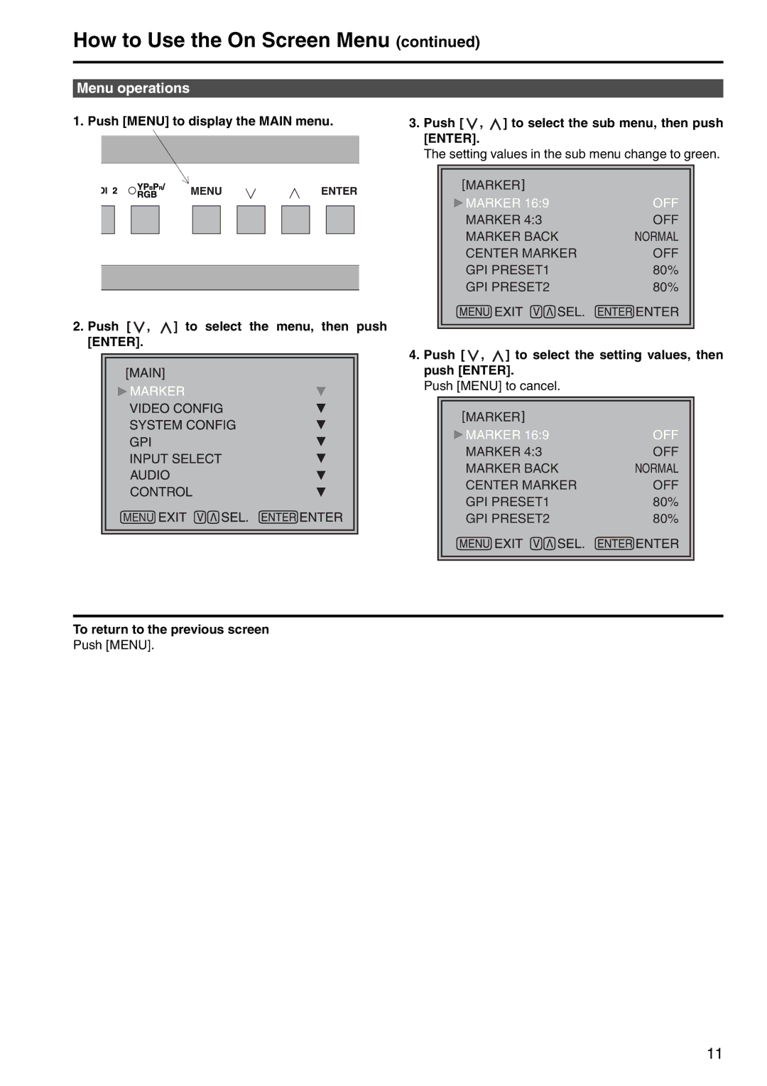 Panasonic BT-LT1700 manual Menu operations, Push , to select the sub menu, then push Enter 