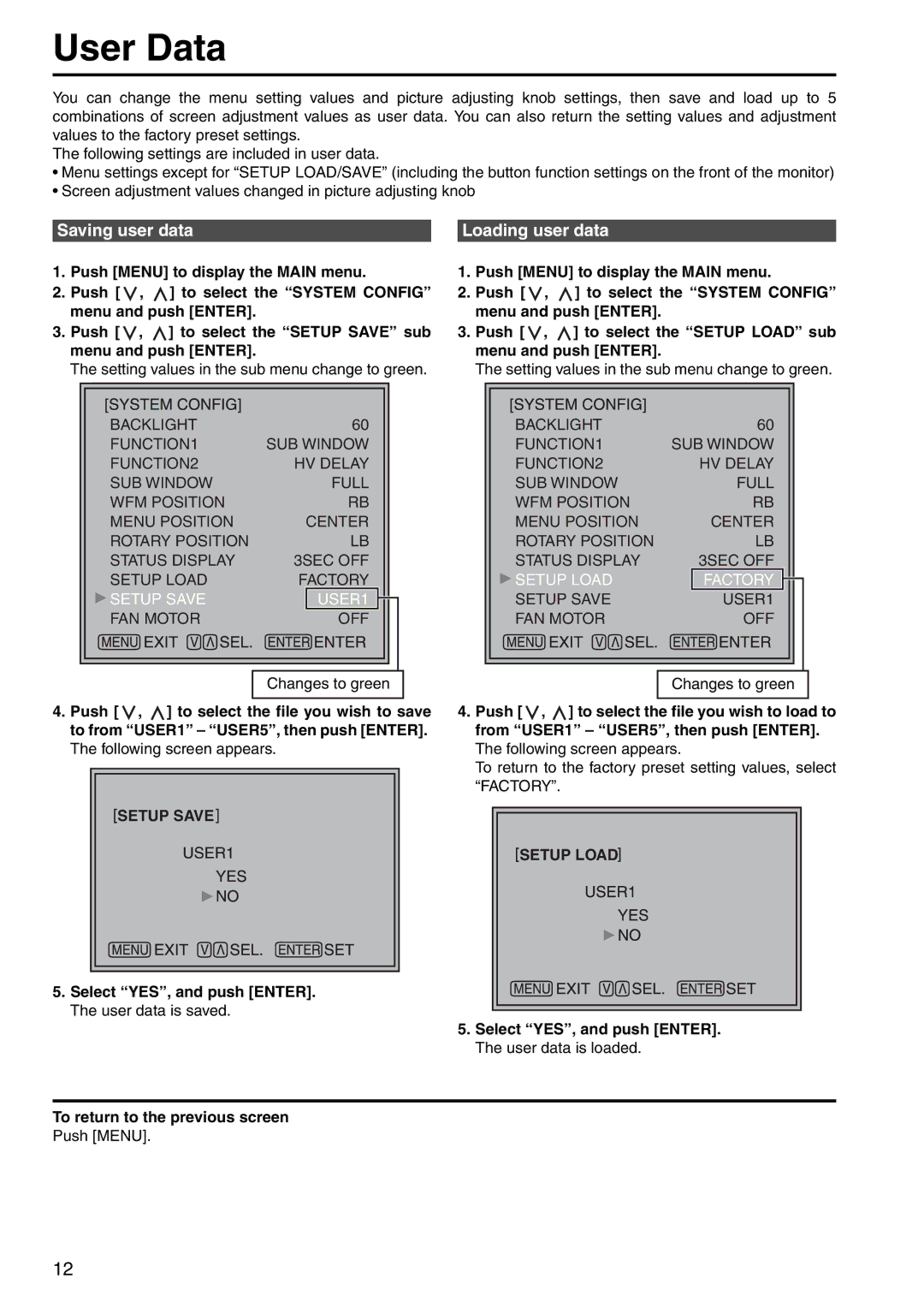 Panasonic BT-LT1700 manual User Data, Saving user data Loading user data, Setup Save, Setup Load 