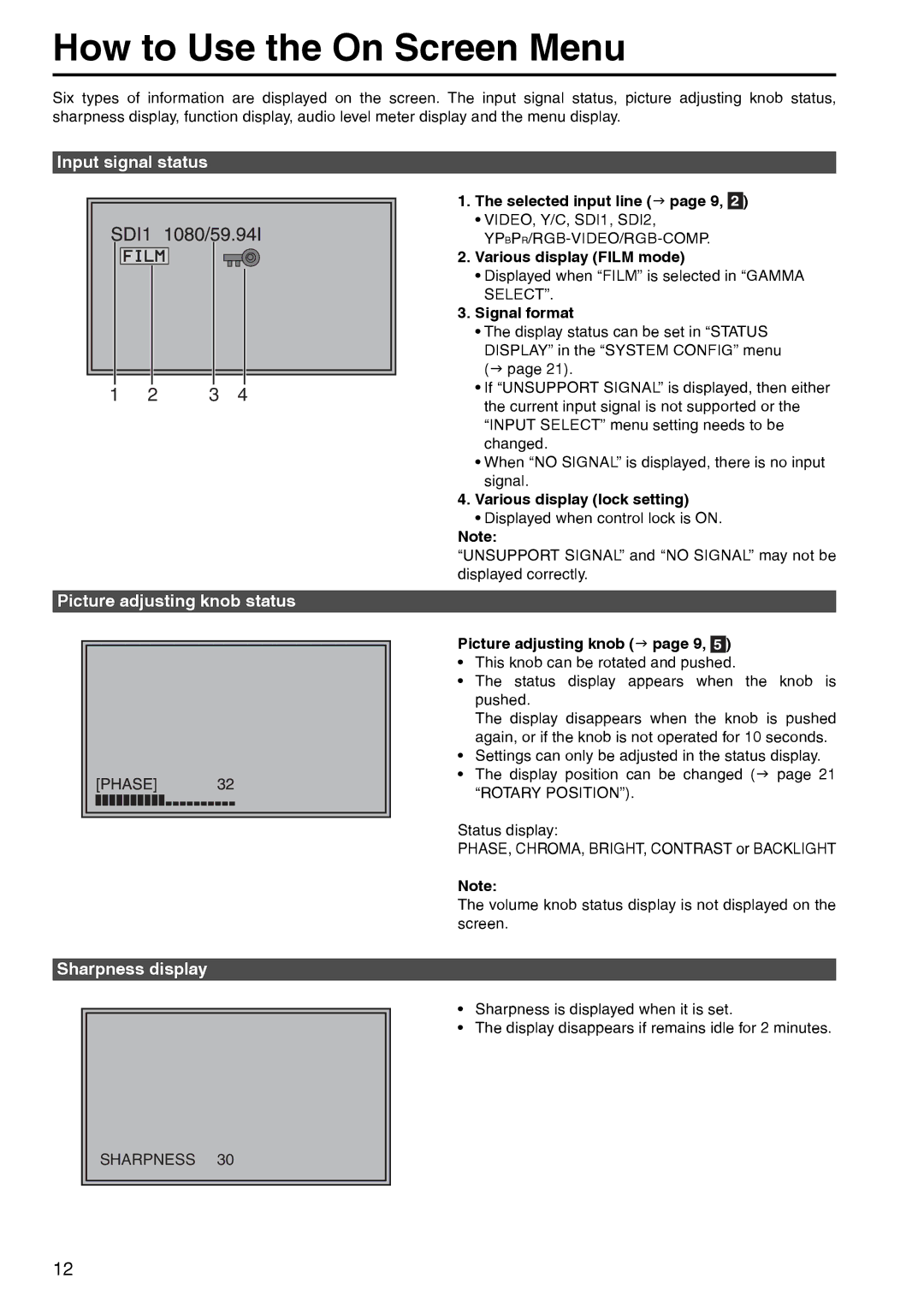 Panasonic BT-LT2600 manual Input signal status, Picture adjusting knob status Sharpness display 