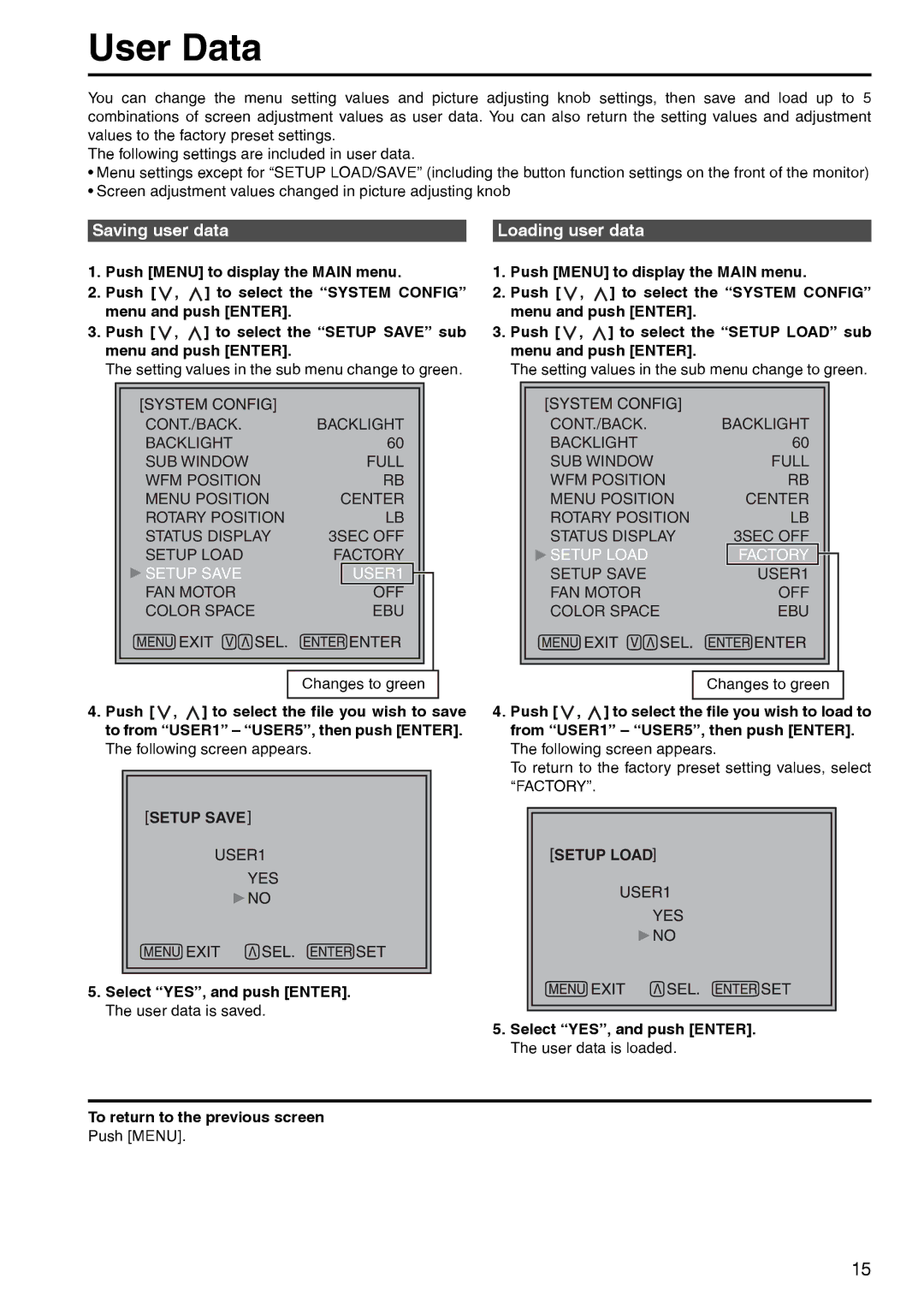 Panasonic BT-LT2600 manual Saving user data Loading user data, Select YES, and push ENTER. The user data is saved 