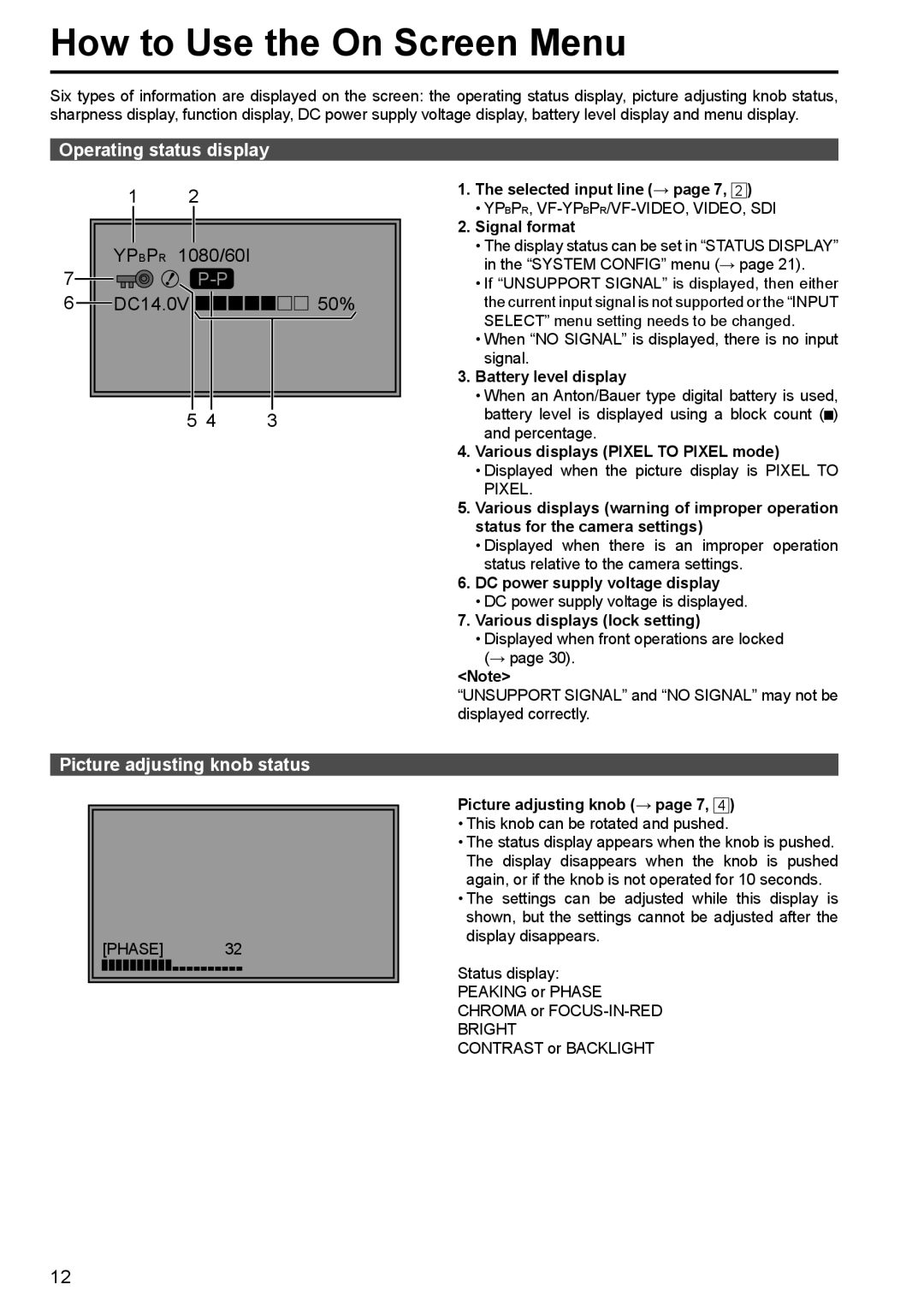 Panasonic BT-LT80W manual Operating status display, Picture adjusting knob status 