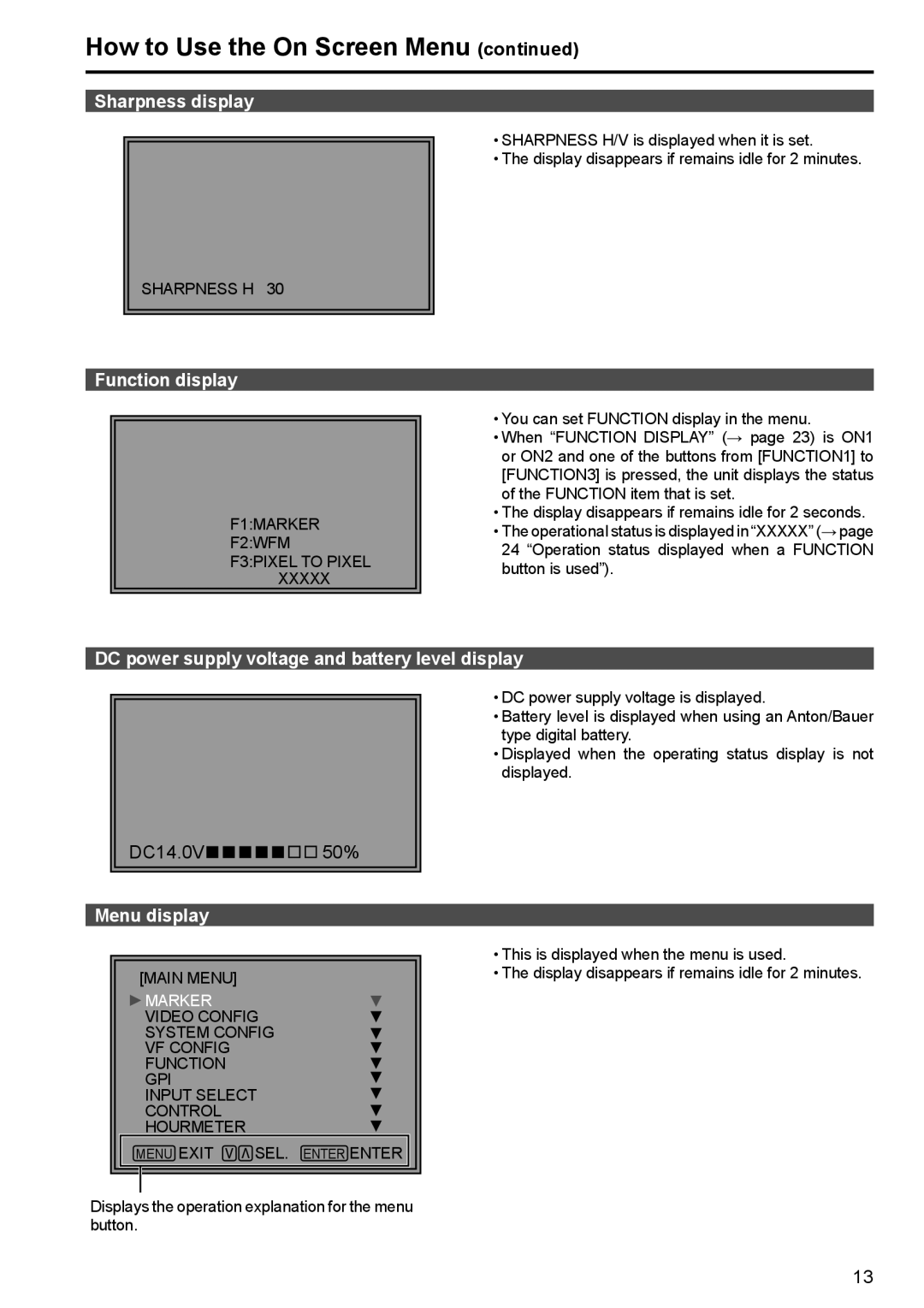 Panasonic BT-LT80W Sharpness display, Function display, DC power supply voltage and battery level display, Menu display 