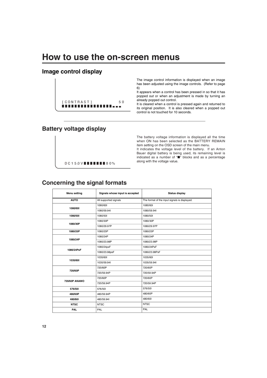 Panasonic BT-LT900A manual Image control display, Battery voltage display, Concerning the signal formats 