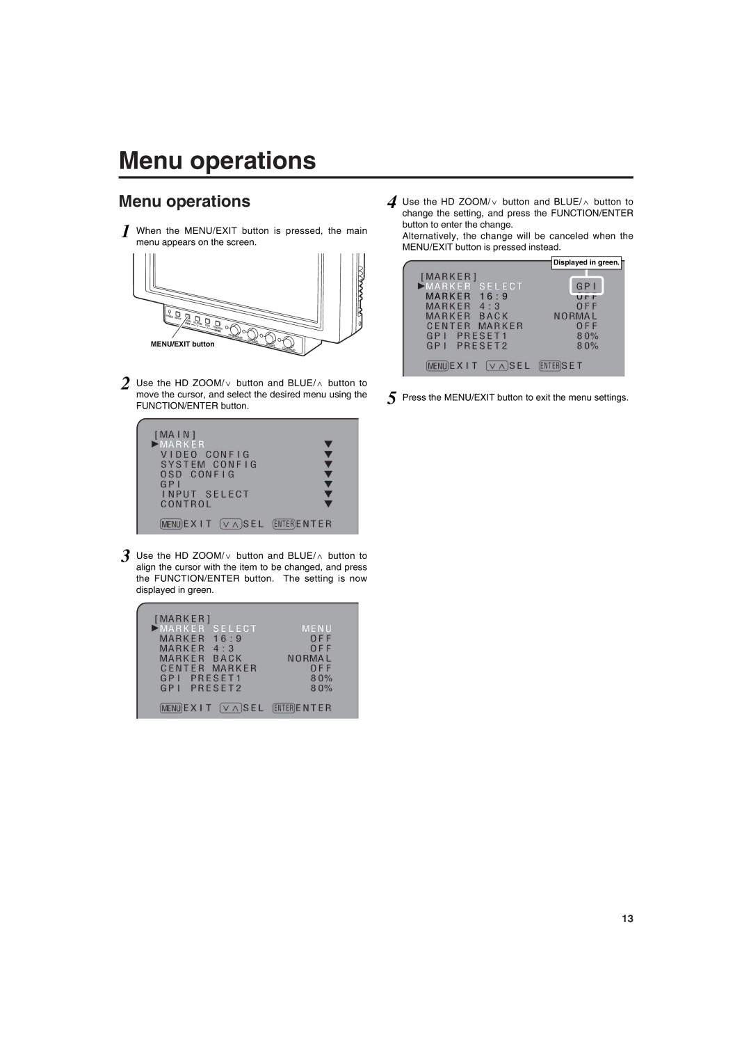 Panasonic BT-LT900A manual Menu operations, MENU/EXIT button 