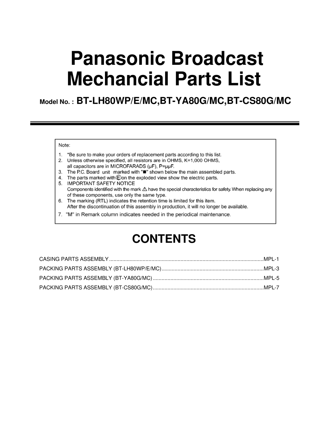 Panasonic BT-CS80G, BT-YA80G, BT-CS80MC, BT-LH80WMC, BT-YA80MC manual Panasonic Broadcast Mechancial Parts List 