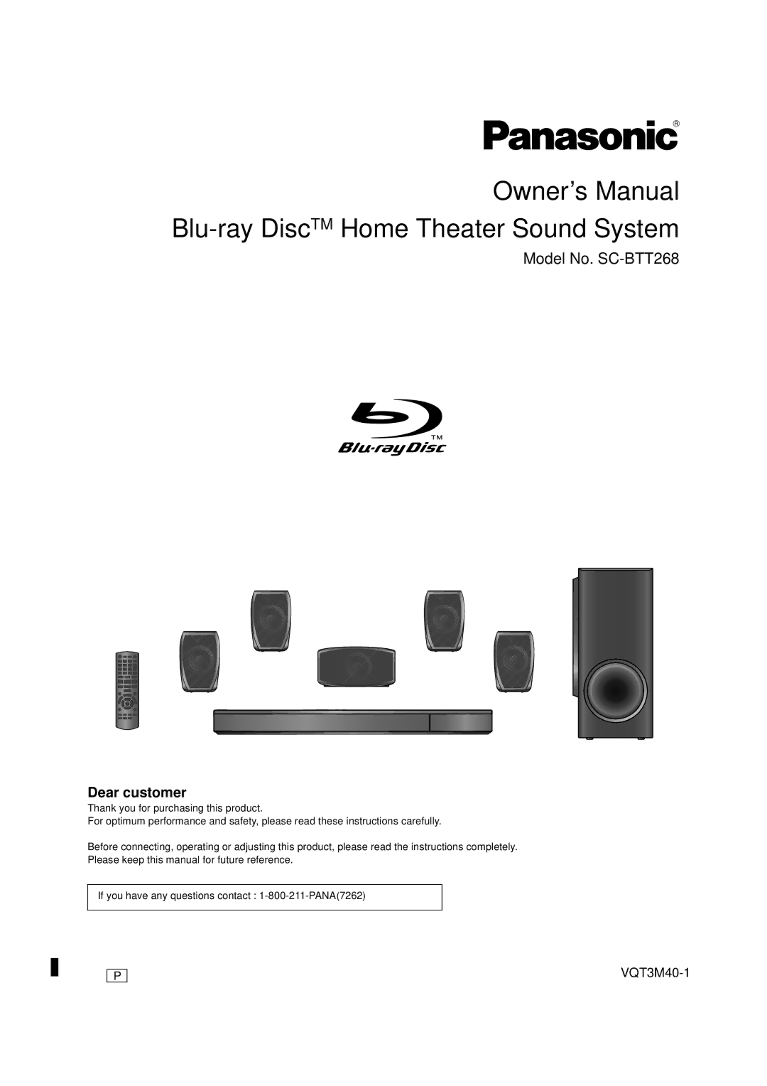 Panasonic owner manual Model No. SC-BTT268, Dear customer 