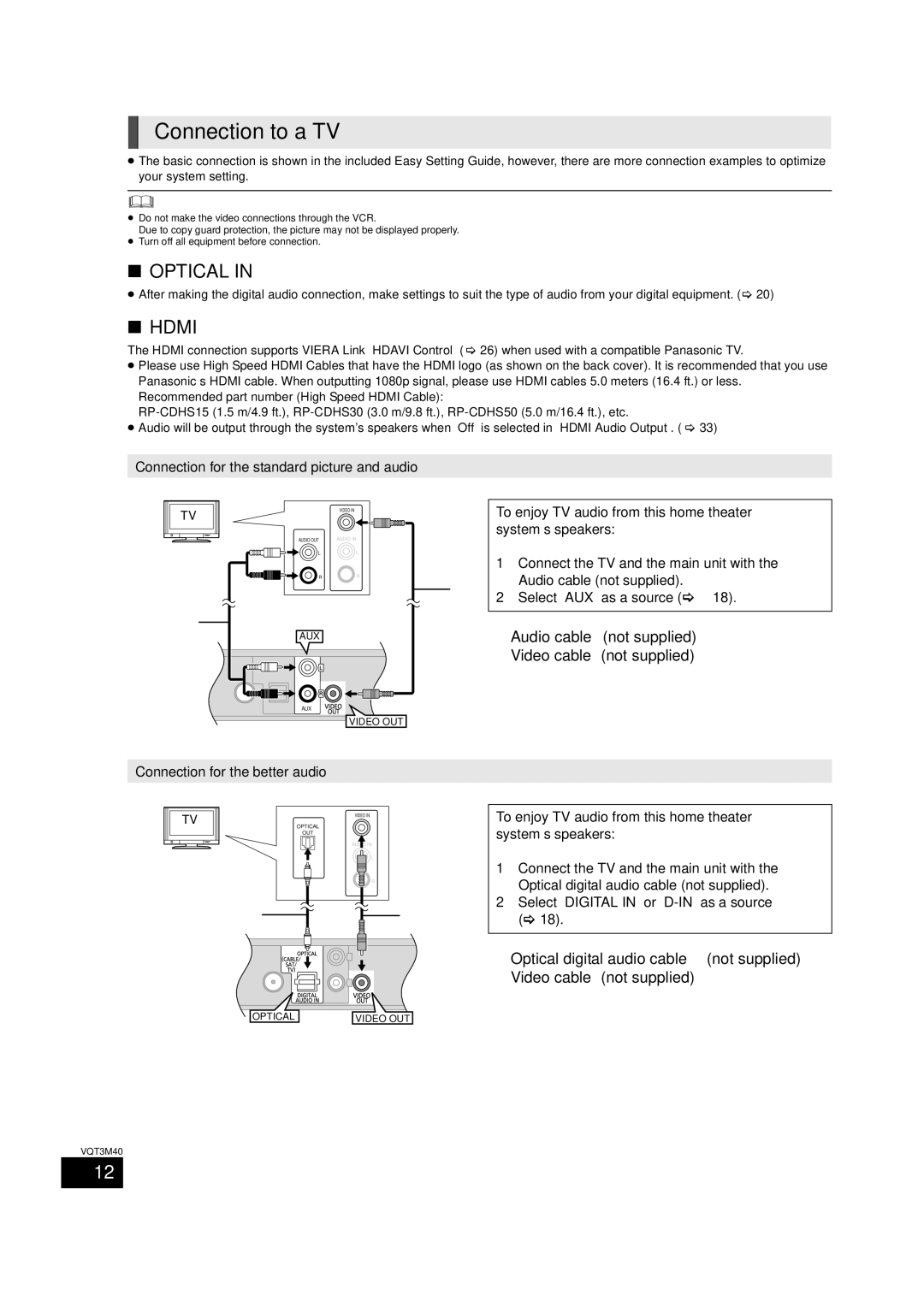 Panasonic BTT268 Connection to a TV,  , Connection for the standard picture and audio, Connection for the better audio 