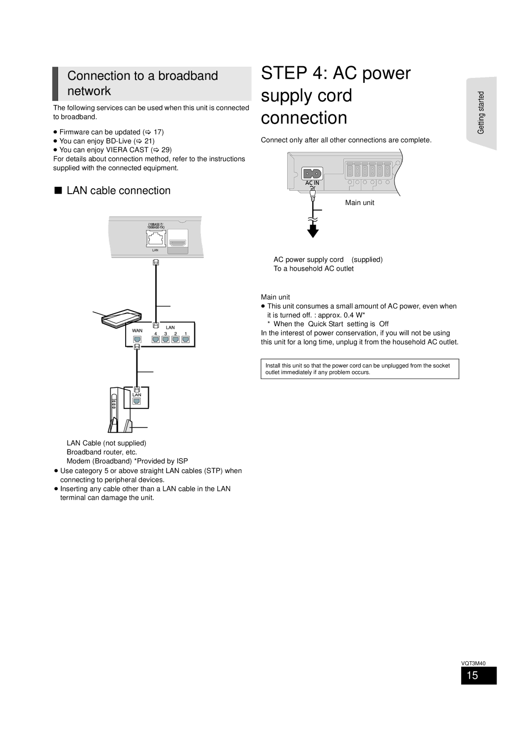 Panasonic BTT268 owner manual AC power supply cord connection, Connection to a broadband network, LAN cable connection 