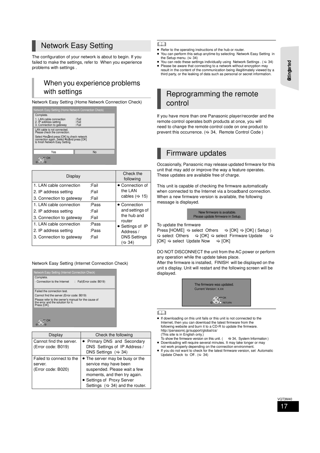 Panasonic BTT268 owner manual Network Easy Setting, Reprogramming the remote control, Firmware updates 