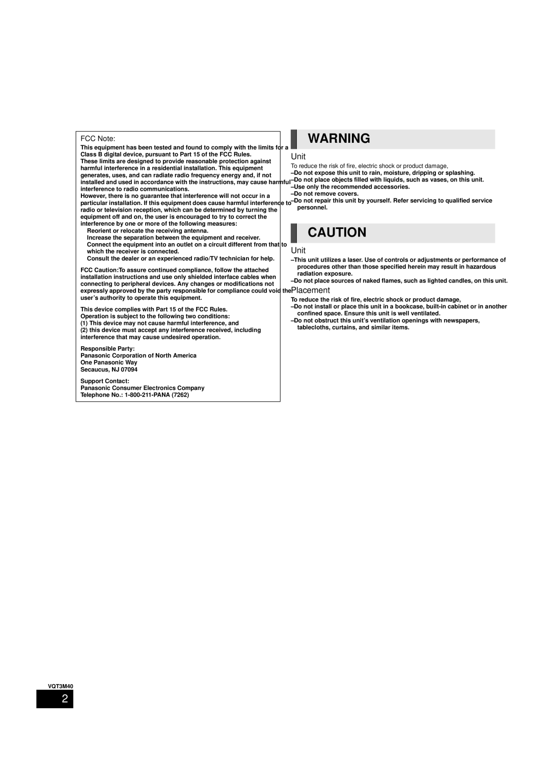 Panasonic BTT268 owner manual Unit, Placement, FCC Note 