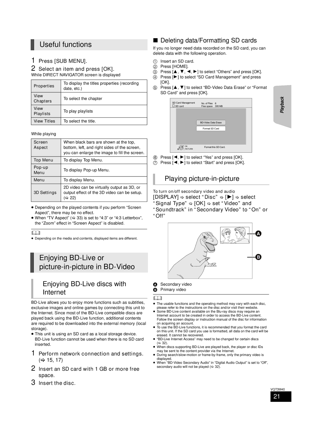 Panasonic BTT268 Useful functions, Enjoying BD-Live or picture-in-picture in BD-Video, Playing picture-in-picture 