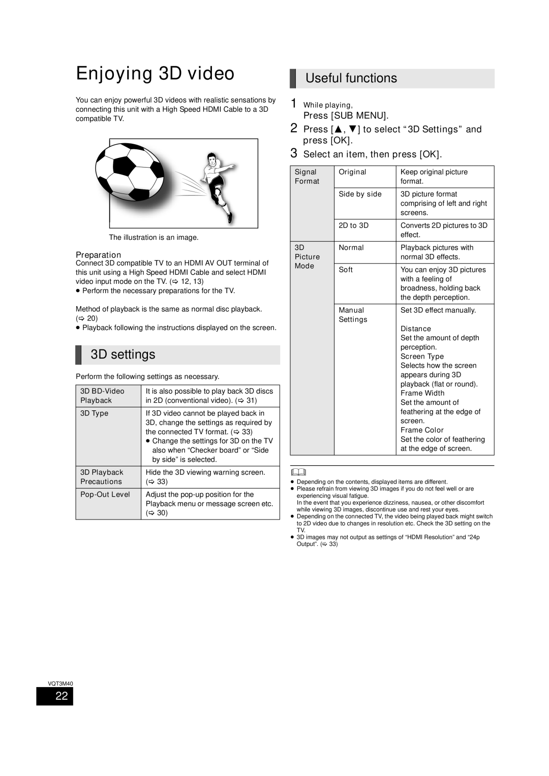 Panasonic BTT268 owner manual Enjoying 3D video, 3D settings 