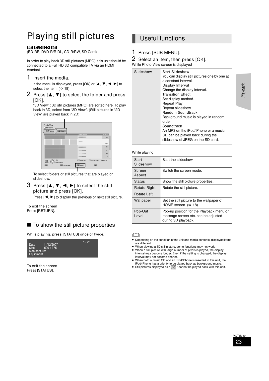 Panasonic BTT268 owner manual Playing still pictures, To show the still picture properties 