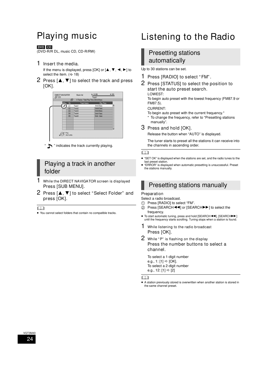 Panasonic BTT268 Playing music, Listening to the Radio, Presetting stations automatically, Presetting stations manually 