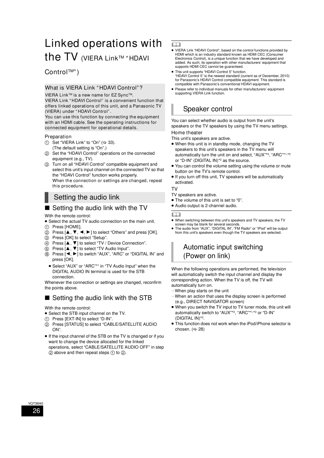 Panasonic BTT268 Linked operations with, Setting the audio link, Speaker control, Automatic input switching Power on link 