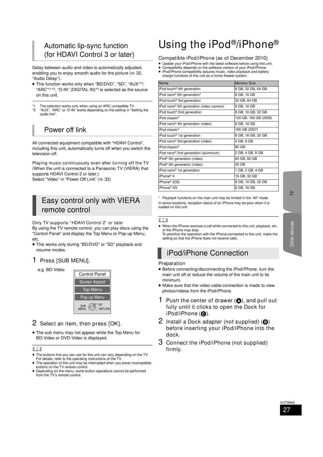 Panasonic BTT268 owner manual Using the iPod/iPhone, Easy control only with Viera remote control, IPod/iPhone Connection 