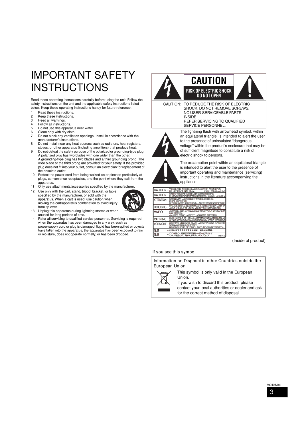 Panasonic BTT268 owner manual Important Safety Instructions, Inside of product 