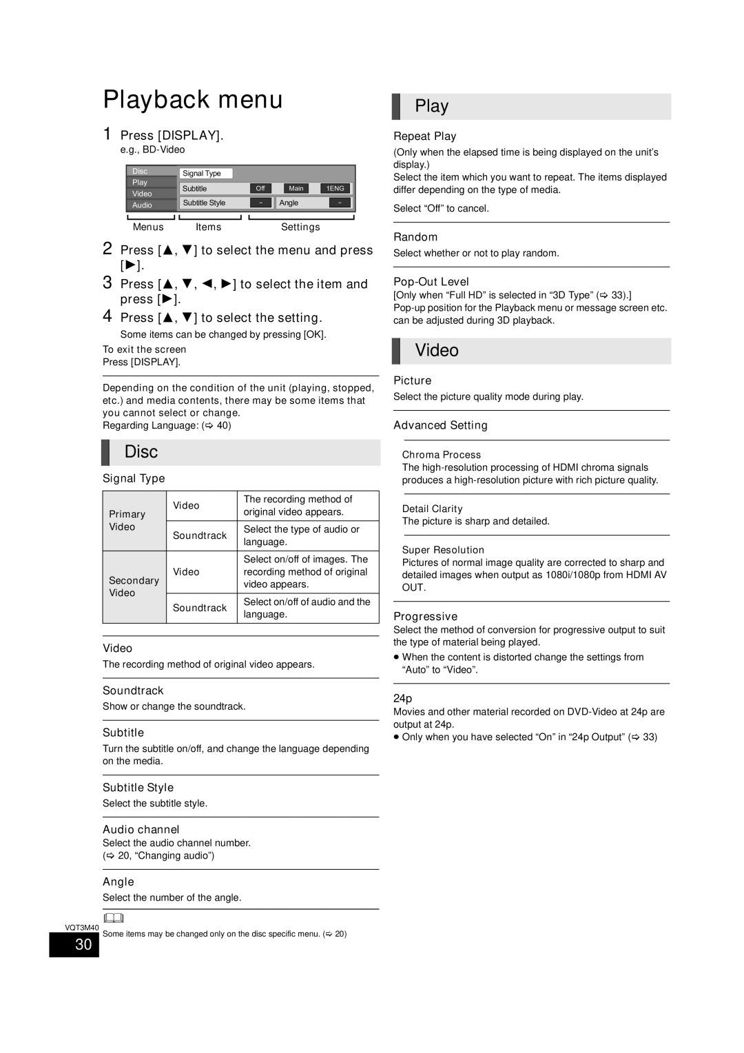 Panasonic BTT268 owner manual Playback menu, Disc, Video, Press Display 