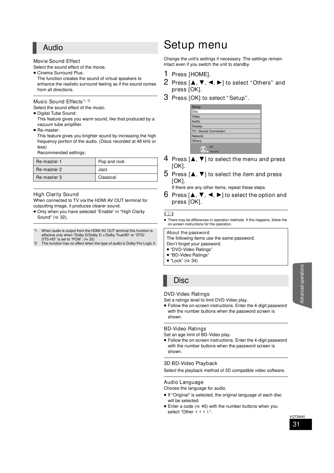 Panasonic BTT268 owner manual Setup menu, Audio, Press 3, 4, 2, 1 to select the option and press OK 