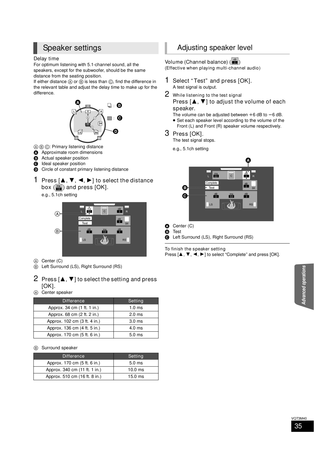 Panasonic BTT268 owner manual Speaker settings, Adjusting speaker level, Select Test and press OK 