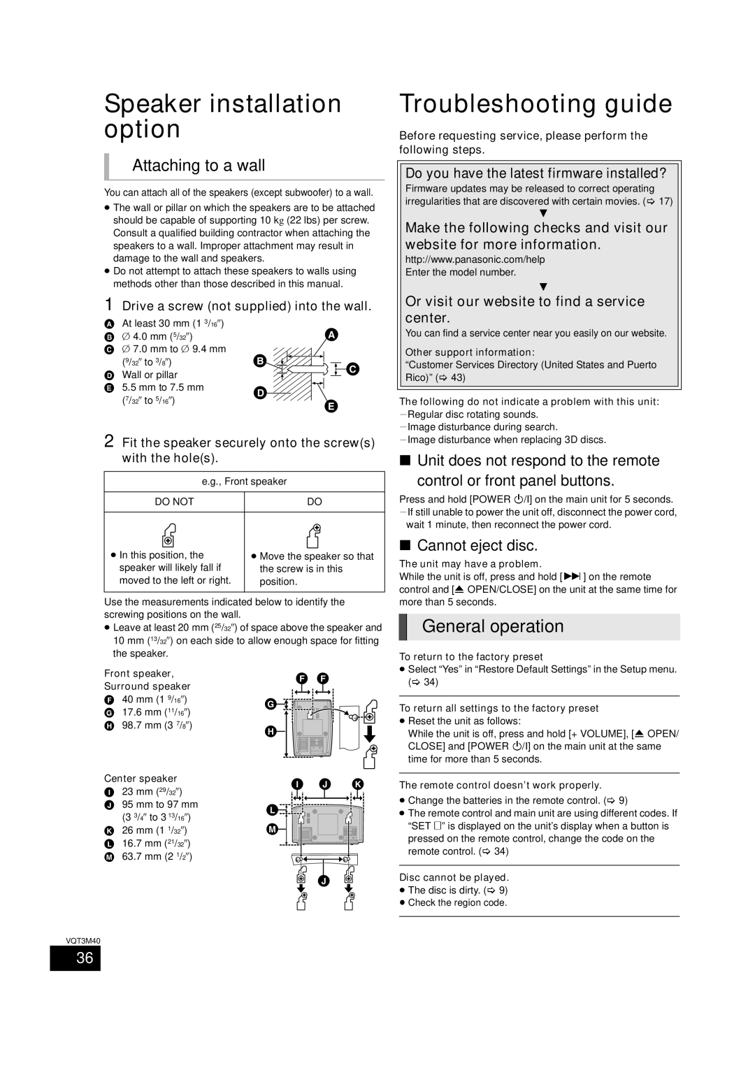 Panasonic BTT268 owner manual Speaker installation option, Troubleshooting guide, General operation, Attaching to a wall 