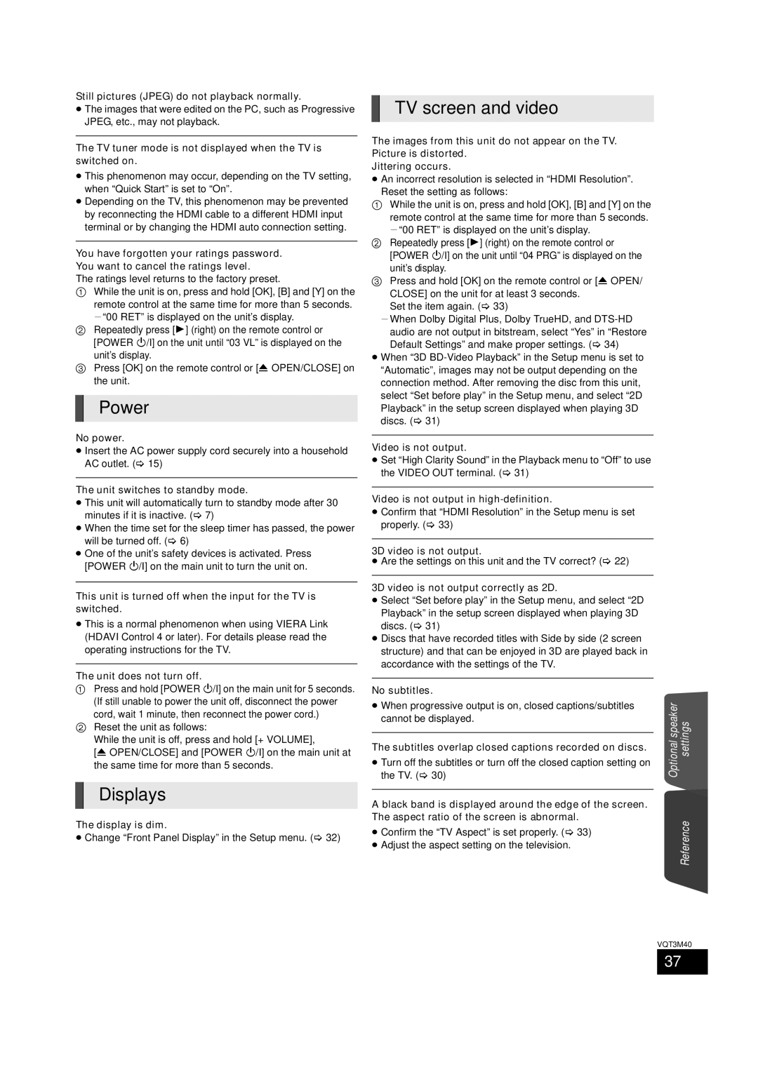 Panasonic BTT268 owner manual Power, Displays, TV screen and video 