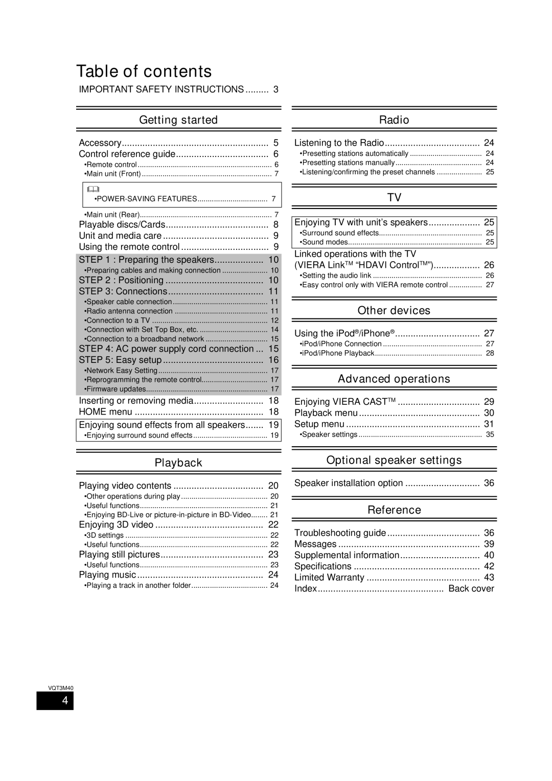 Panasonic BTT268 owner manual Table of contents 