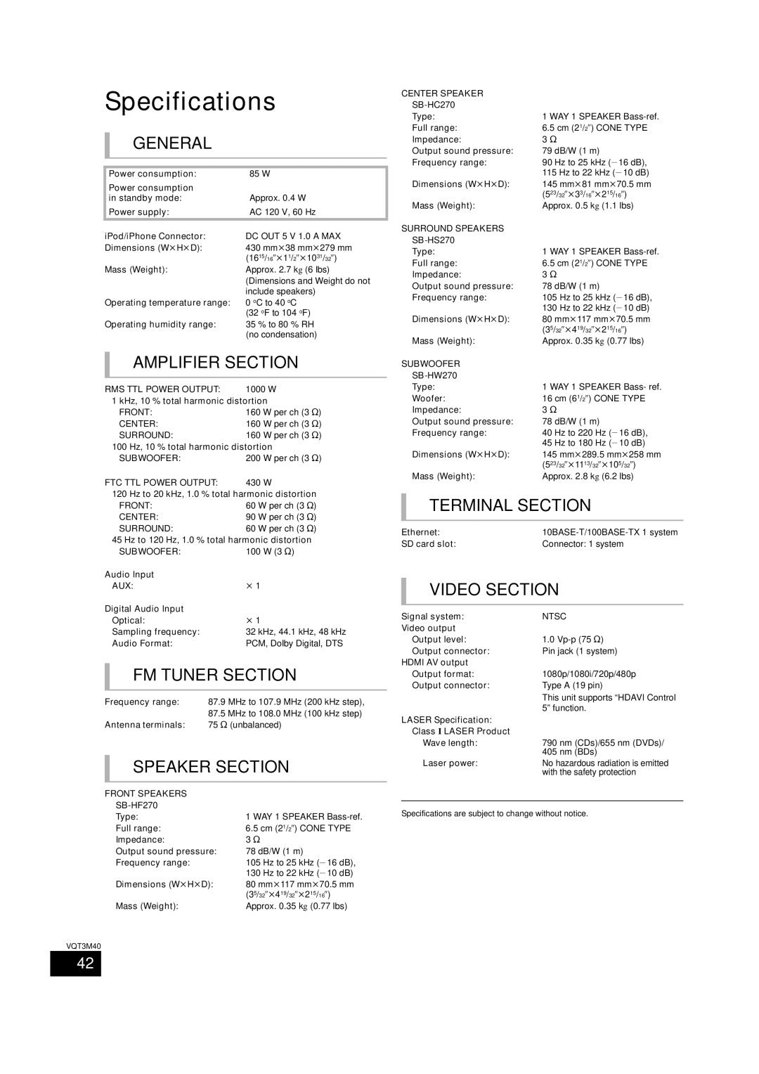 Panasonic BTT268 owner manual Specifications, General 