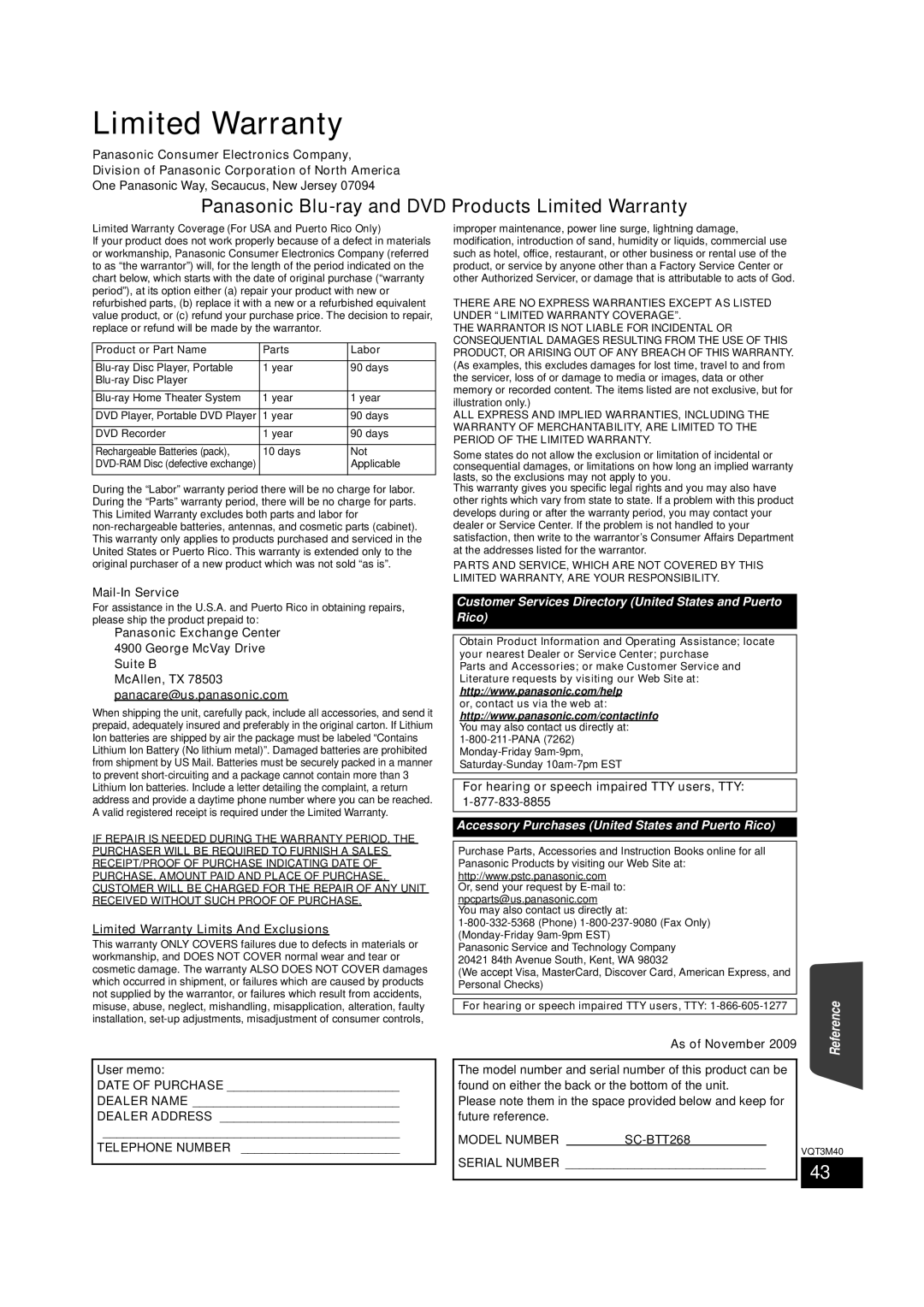 Panasonic BTT268 Mail-In Service, Panasonic Exchange Center George McVay Drive Suite B, As of November, User memo 