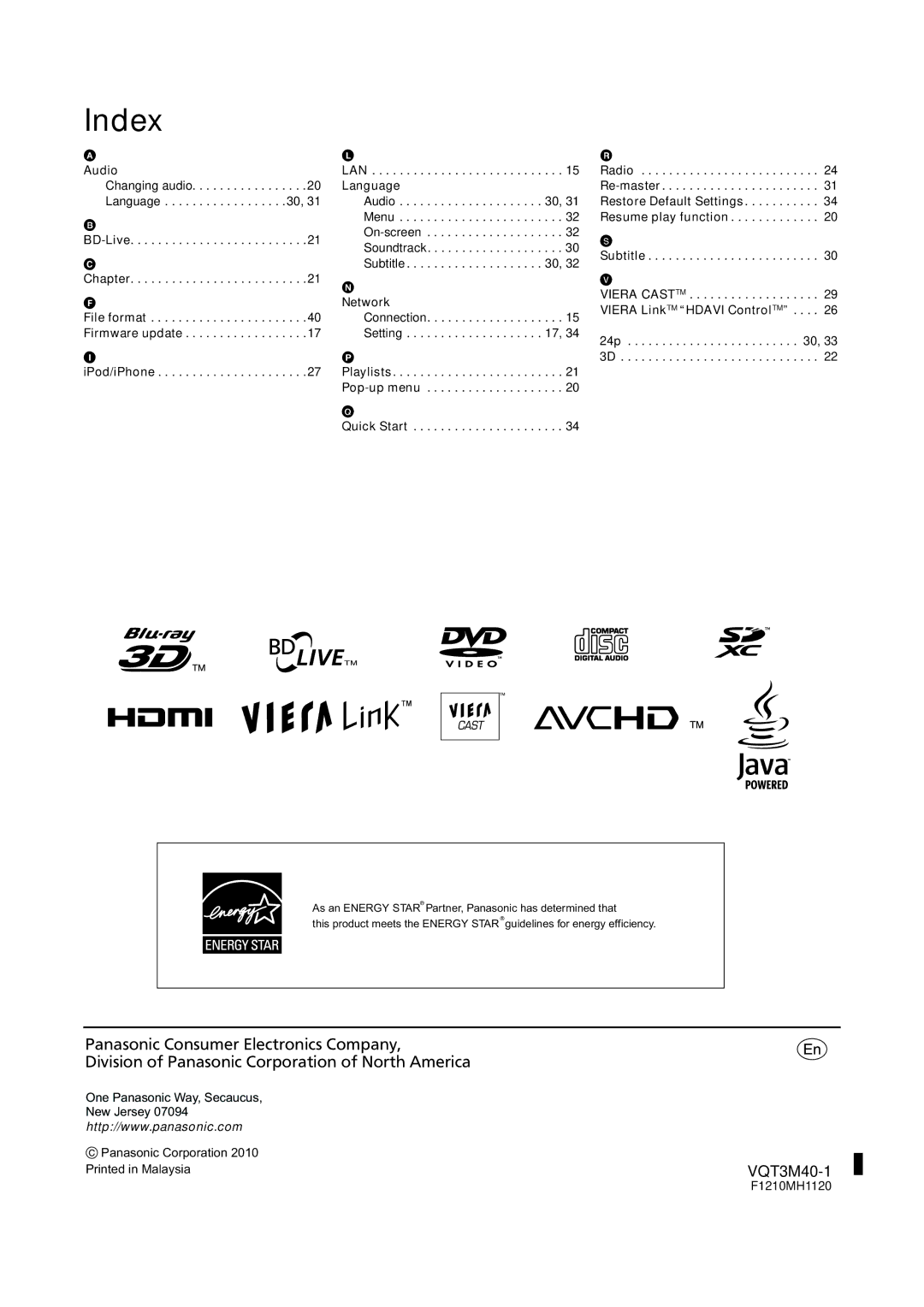 Panasonic BTT268 owner manual Index, Lan 