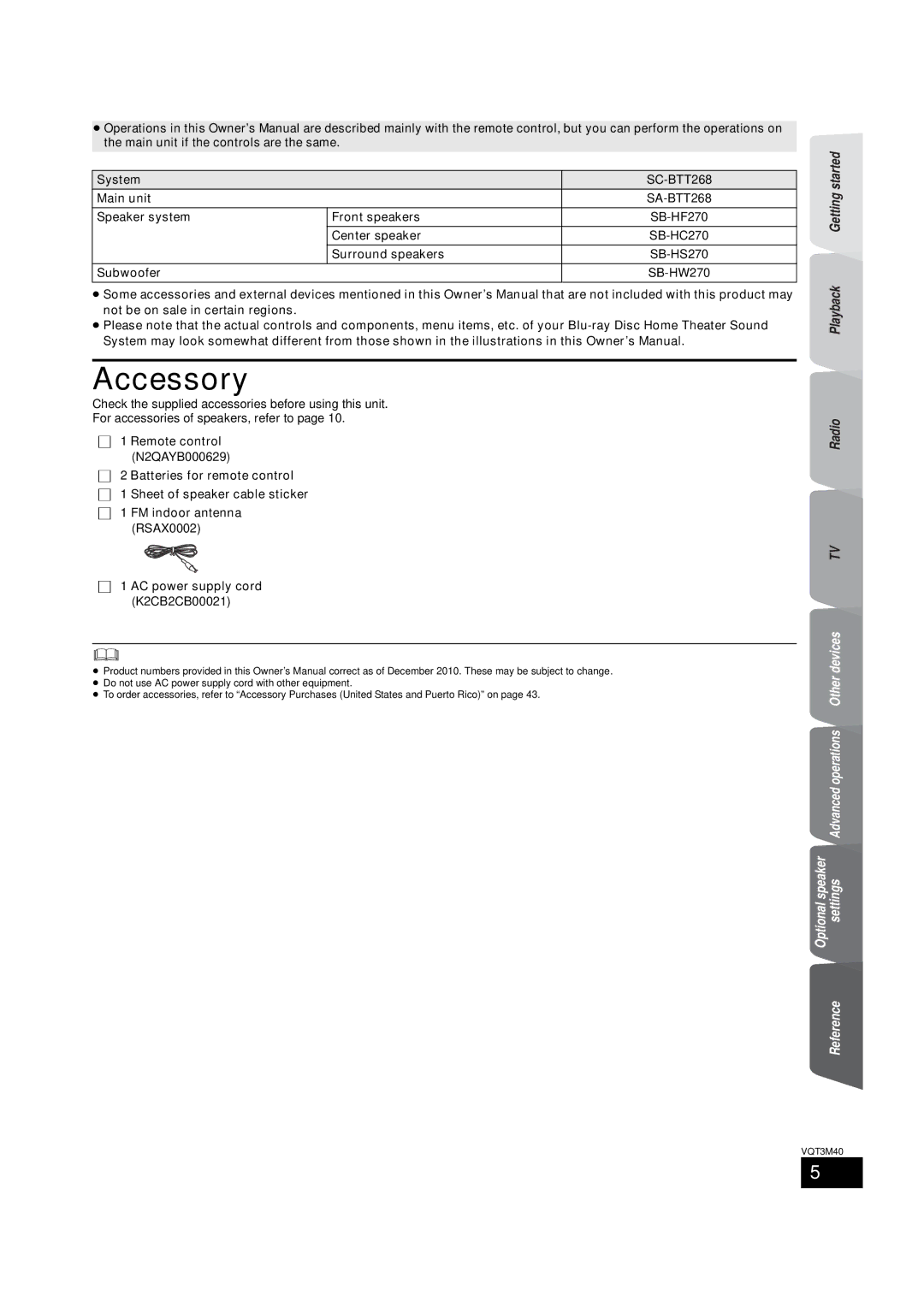 Panasonic owner manual Accessory, SC-BTT268, SA-BTT268 