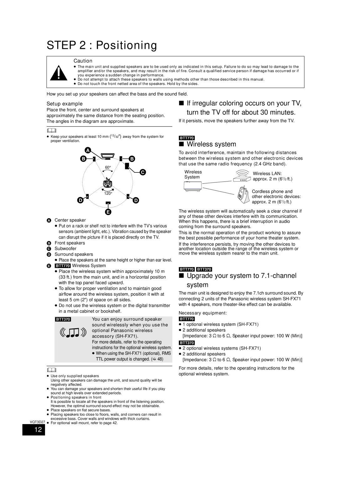 Panasonic BTT273, SC-BTT770 Positioning, Wireless system, Upgrade your system to 7.1-channel System, Setup example 