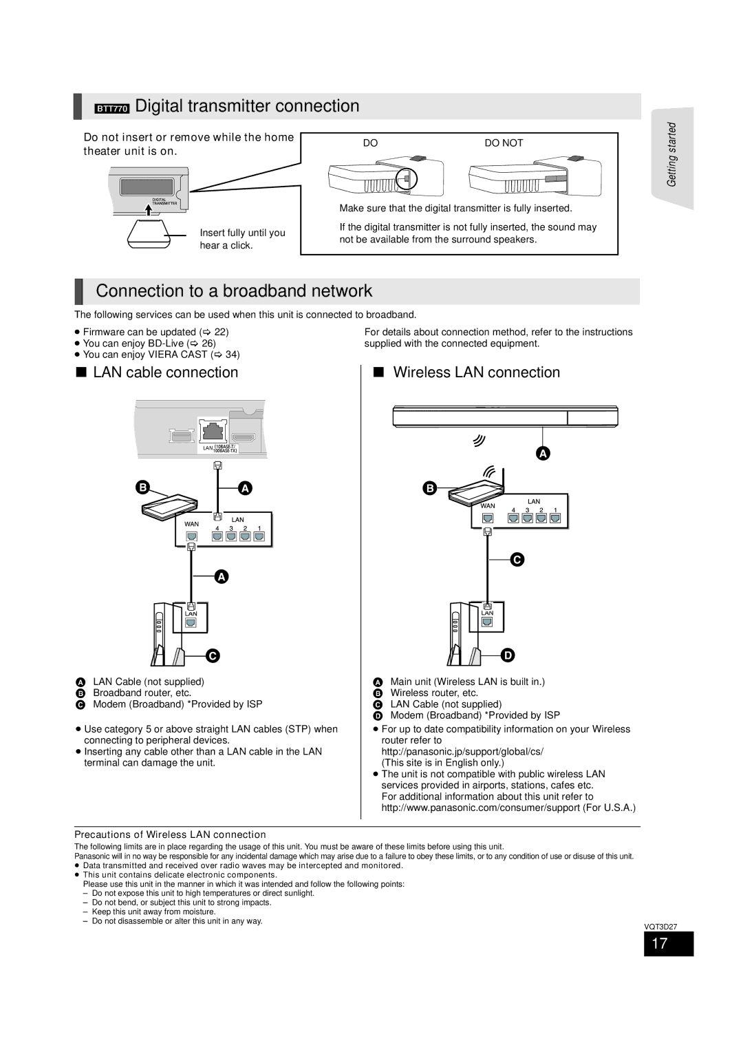 Panasonic SC-BTT370, BTT273 BTT770 Digital transmitter connection, Connection to a broadband network, LAN cable connection 