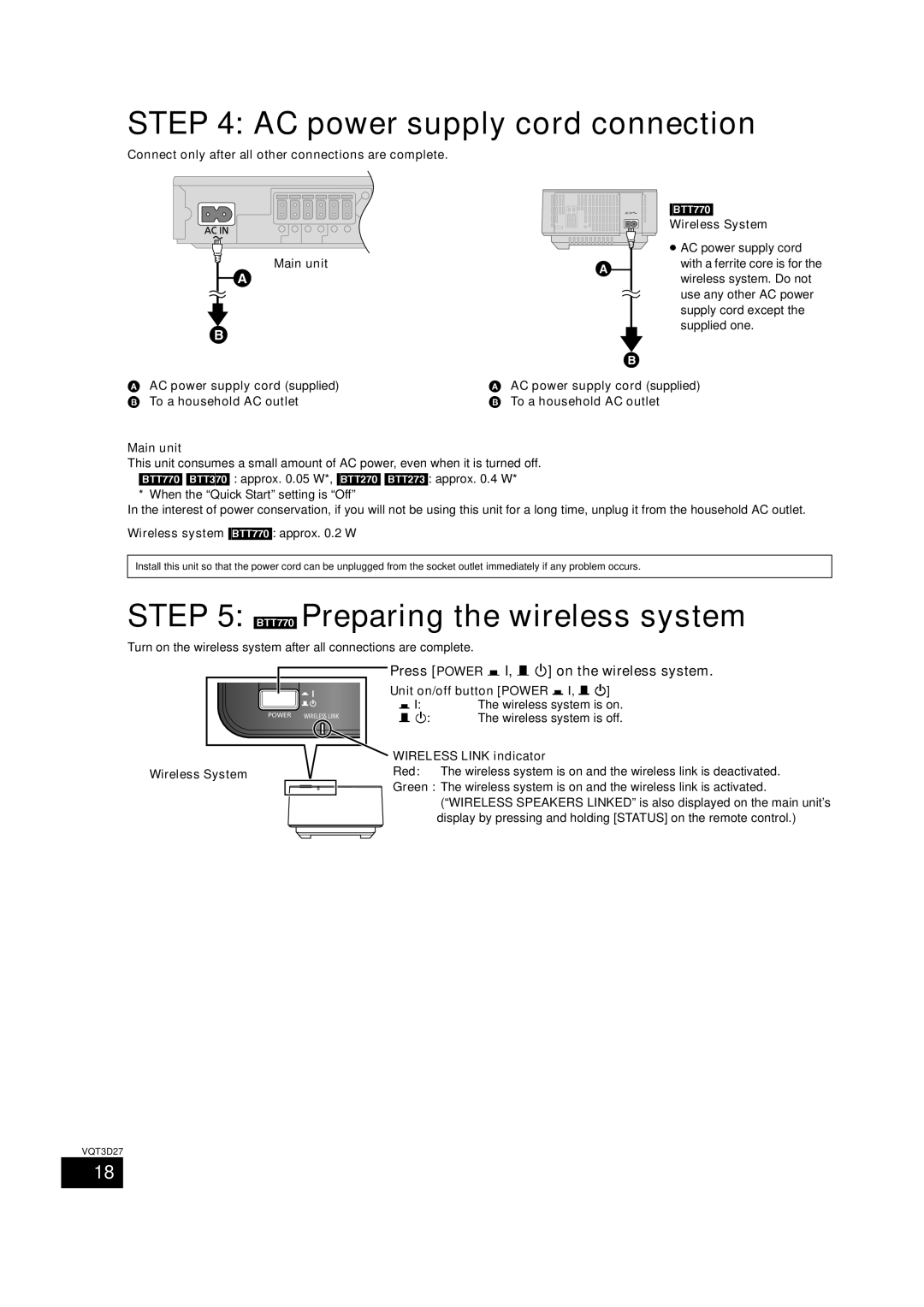 Panasonic BTT273 AC power supply cord connection, BTT770 Preparing the wireless system, Unit on/off button Power C I, B Í 