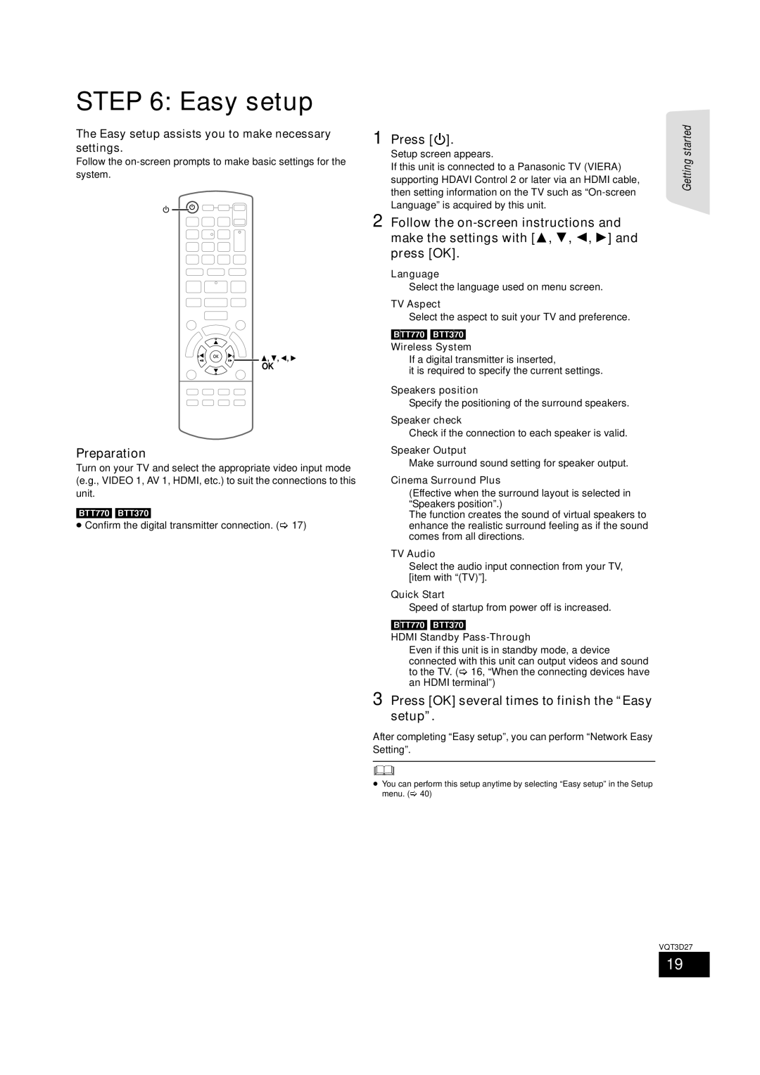 Panasonic SC-BTT770, BTT273, SC-BTT370 owner manual Preparation, Press Í, Press OK several times to finish the Easy setup 