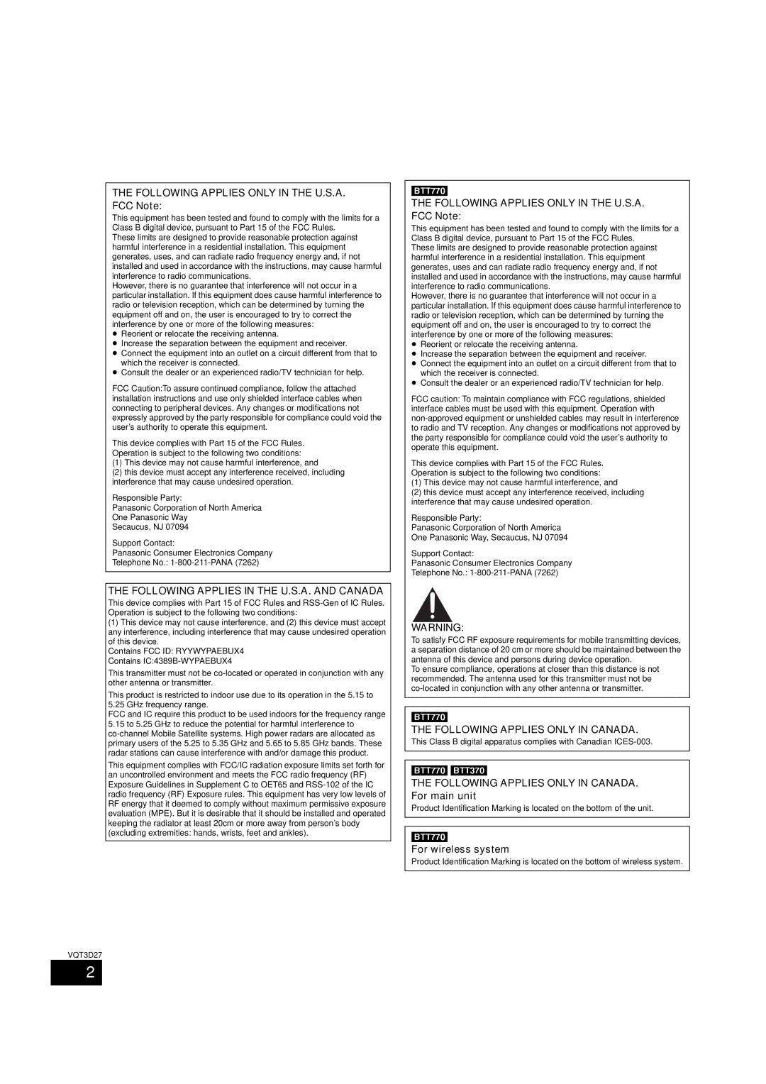 Panasonic SC-BTT370, BTT273 Following Applies only in the U.S.A. FCC Note, Following Applies in the U.S.A. and Canada 