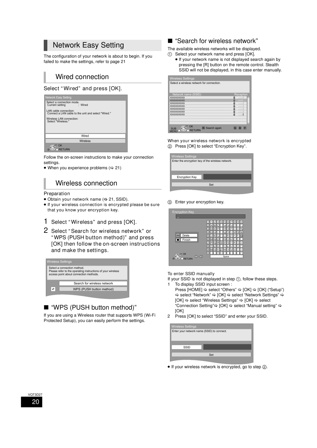 Panasonic SC-BTT370, BTT273, SC-BTT770 Network Easy Setting, Wired connection, Wireless connection, WPS Push button method 