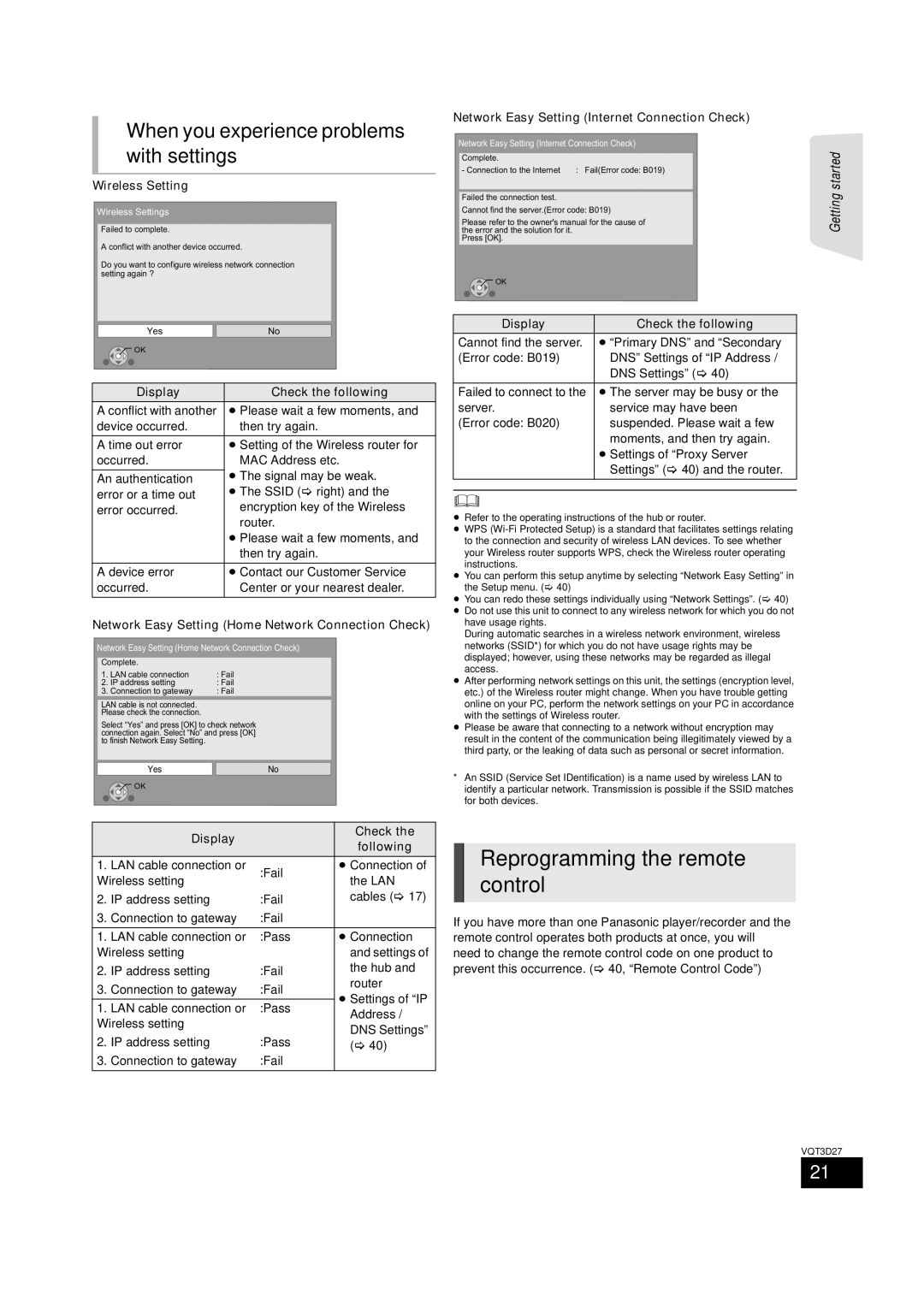 Panasonic BTT273, SC-BTT770, SC-BTT370 Reprogramming the remote control, When you experience problems with settings 