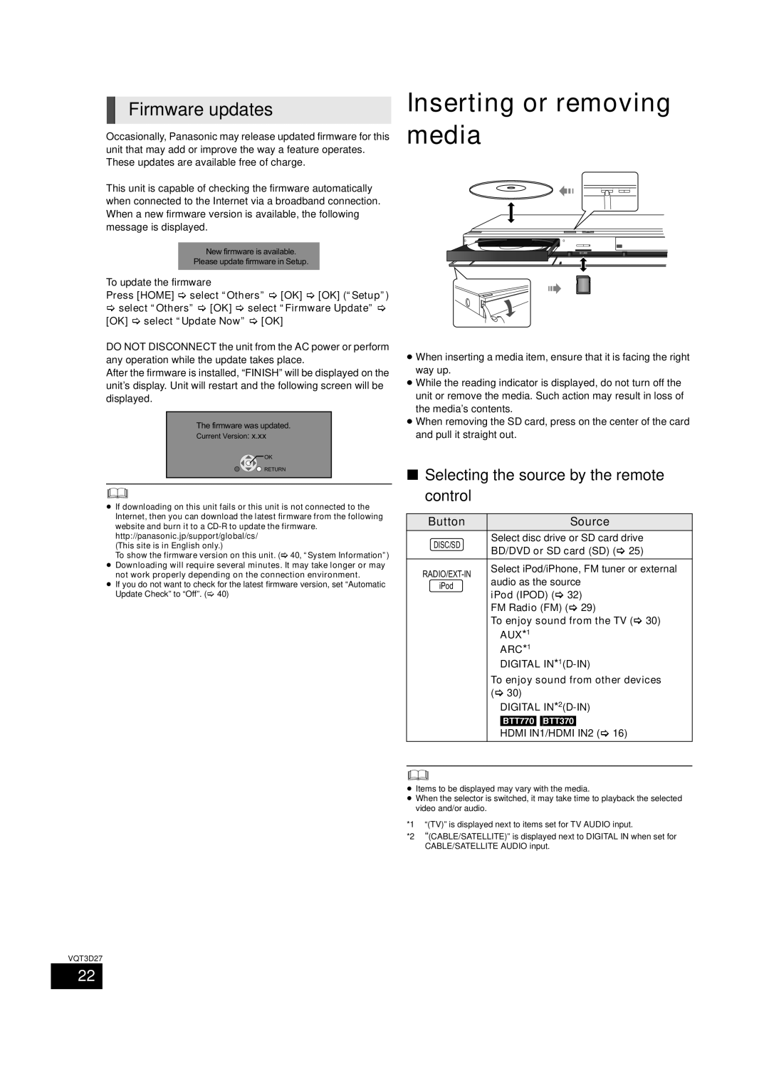 Panasonic SC-BTT770, BTT273 Inserting or removing media, Firmware updates, Selecting the source by the remote control 