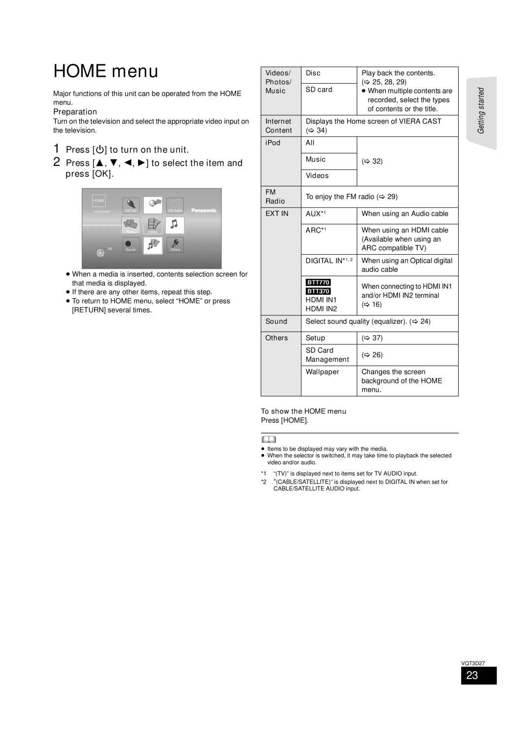 Panasonic SC-BTT370, BTT273 Home menu, Press Í to turn on the unit, Press 3, 4, 2, 1 to select the item, Press OK 