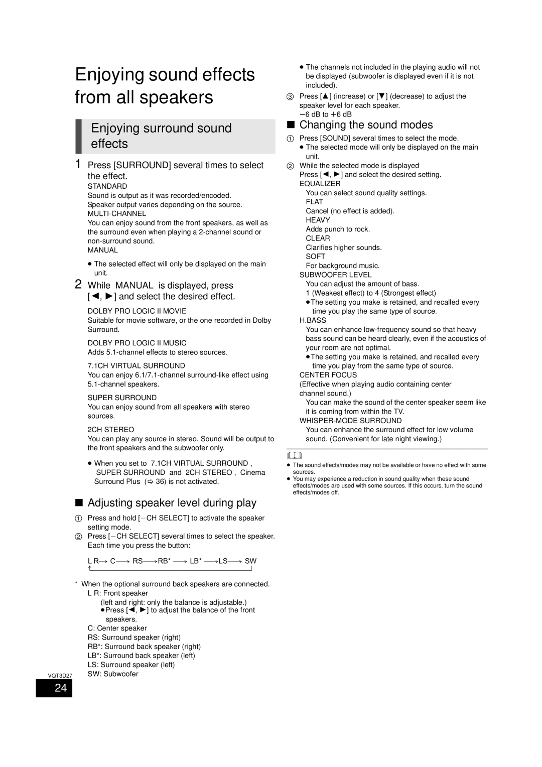 Panasonic BTT273, SC-BTT770 Enjoying surround sound effects, Adjusting speaker level during play, Changing the sound modes 