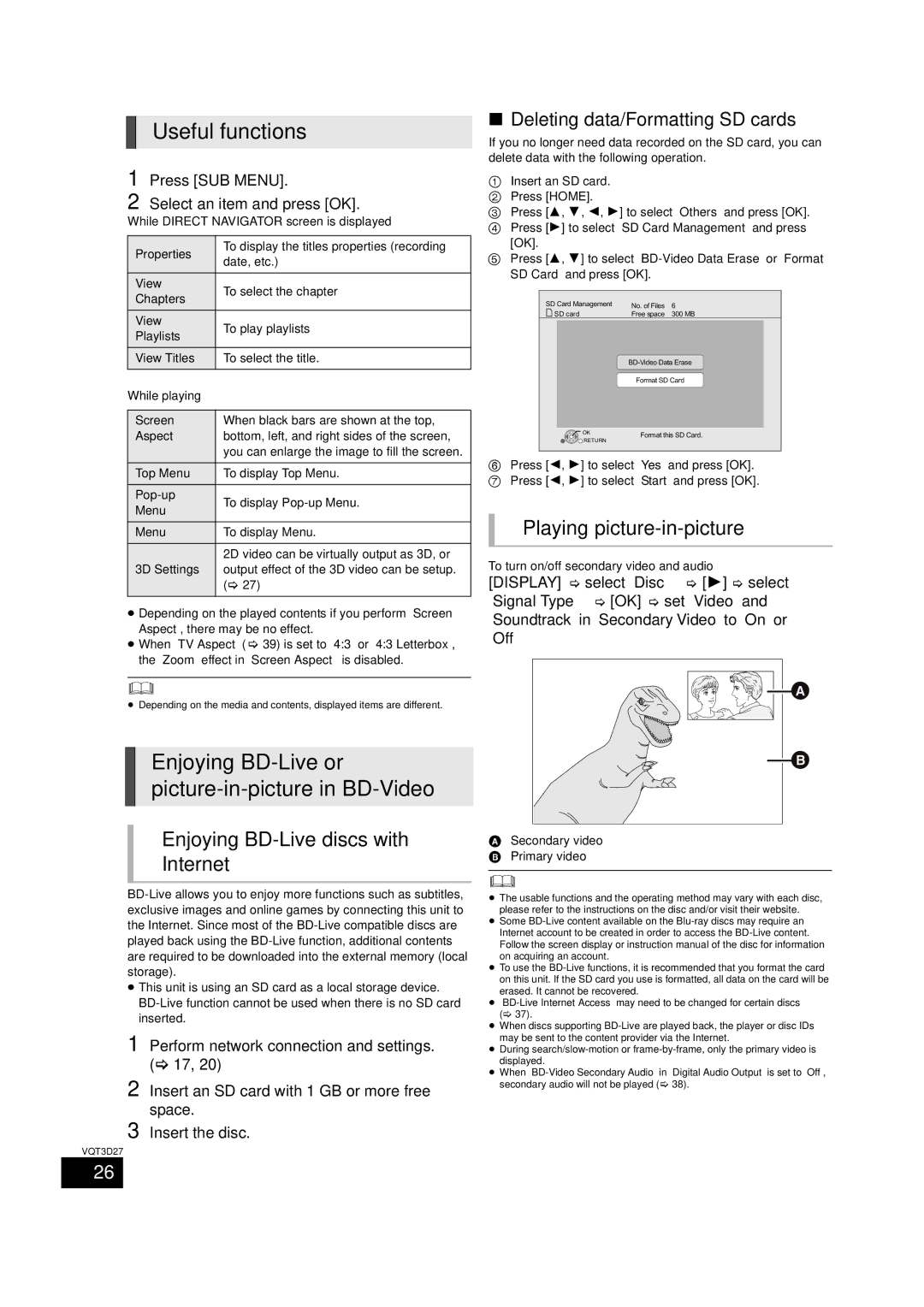 Panasonic SC-BTT370 Useful functions, Enjoying BD-Live or picture-in-picture in BD-Video, Playing picture-in-picture 