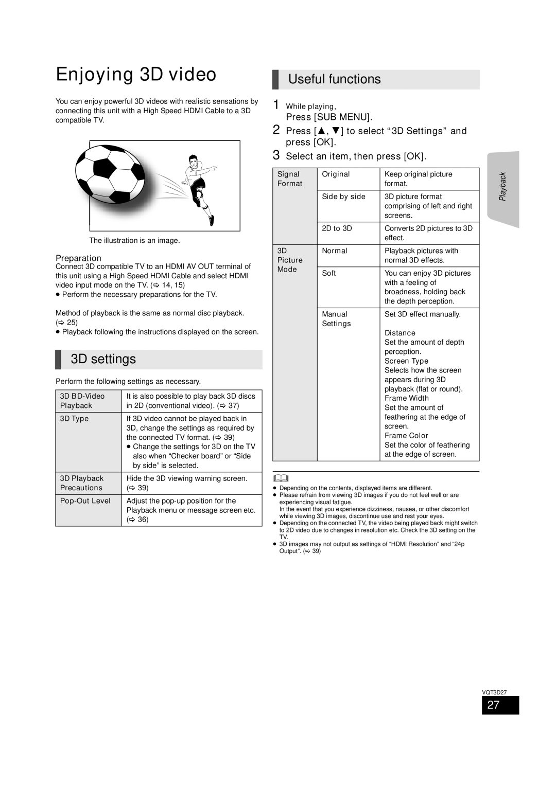 Panasonic BTT273, SC-BTT770, SC-BTT370 owner manual Enjoying 3D video, 3D settings 