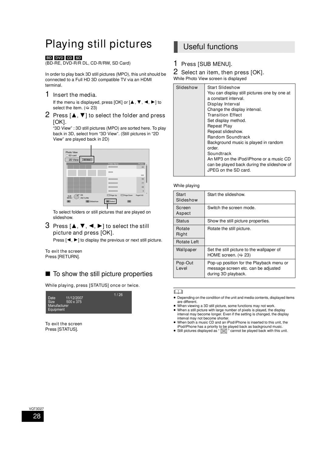 Panasonic SC-BTT770, BTT273, SC-BTT370 owner manual Playing still pictures, To show the still picture properties 