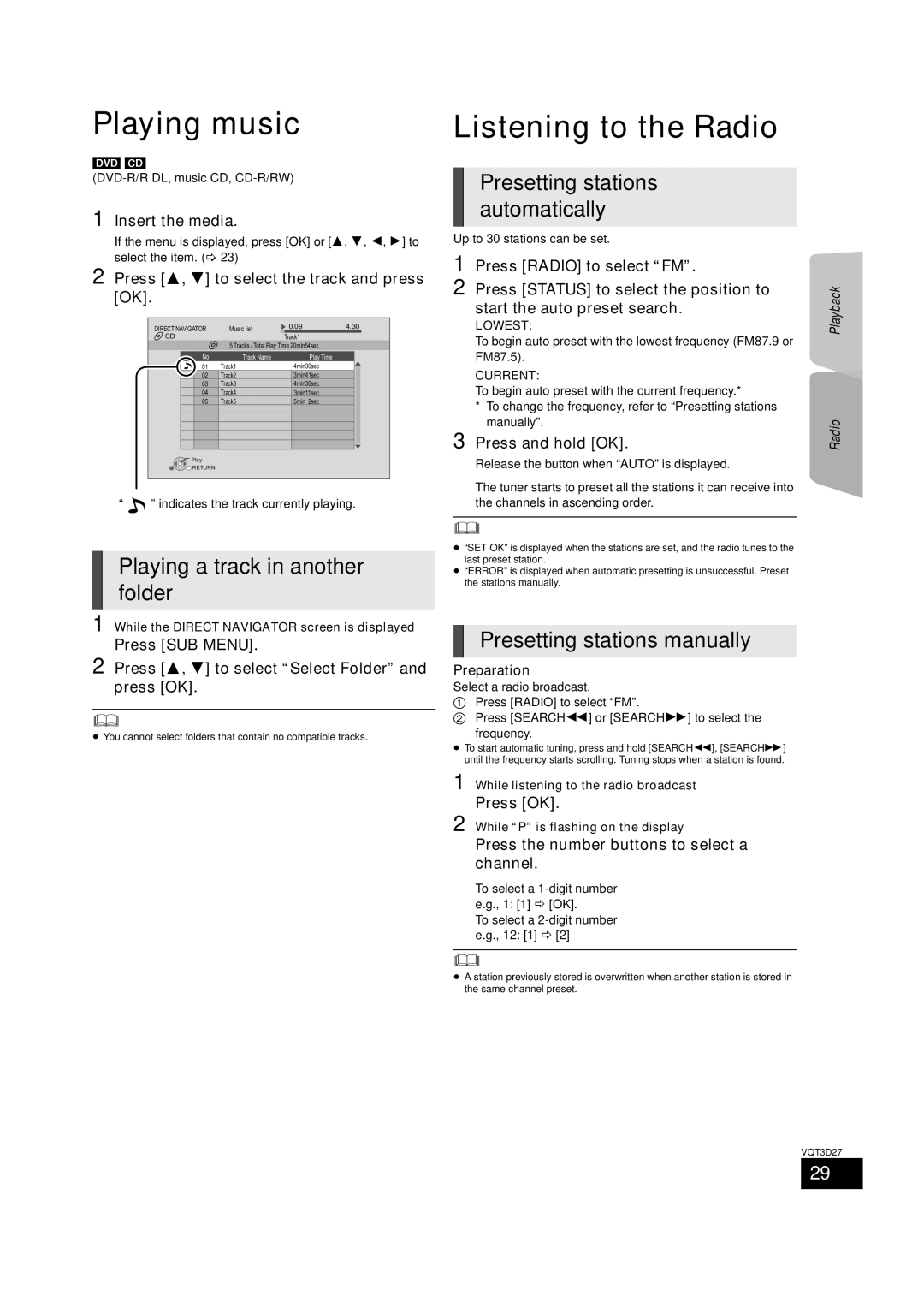 Panasonic SC-BTT370 Playing music Listening to the Radio, Playing a track in another, Folder, Presetting stations manually 