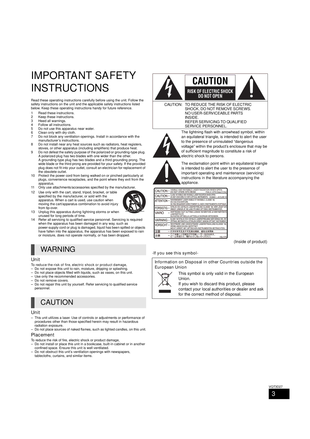 Panasonic BTT273, SC-BTT770, SC-BTT370 owner manual Unit, Placement, Inside of product 