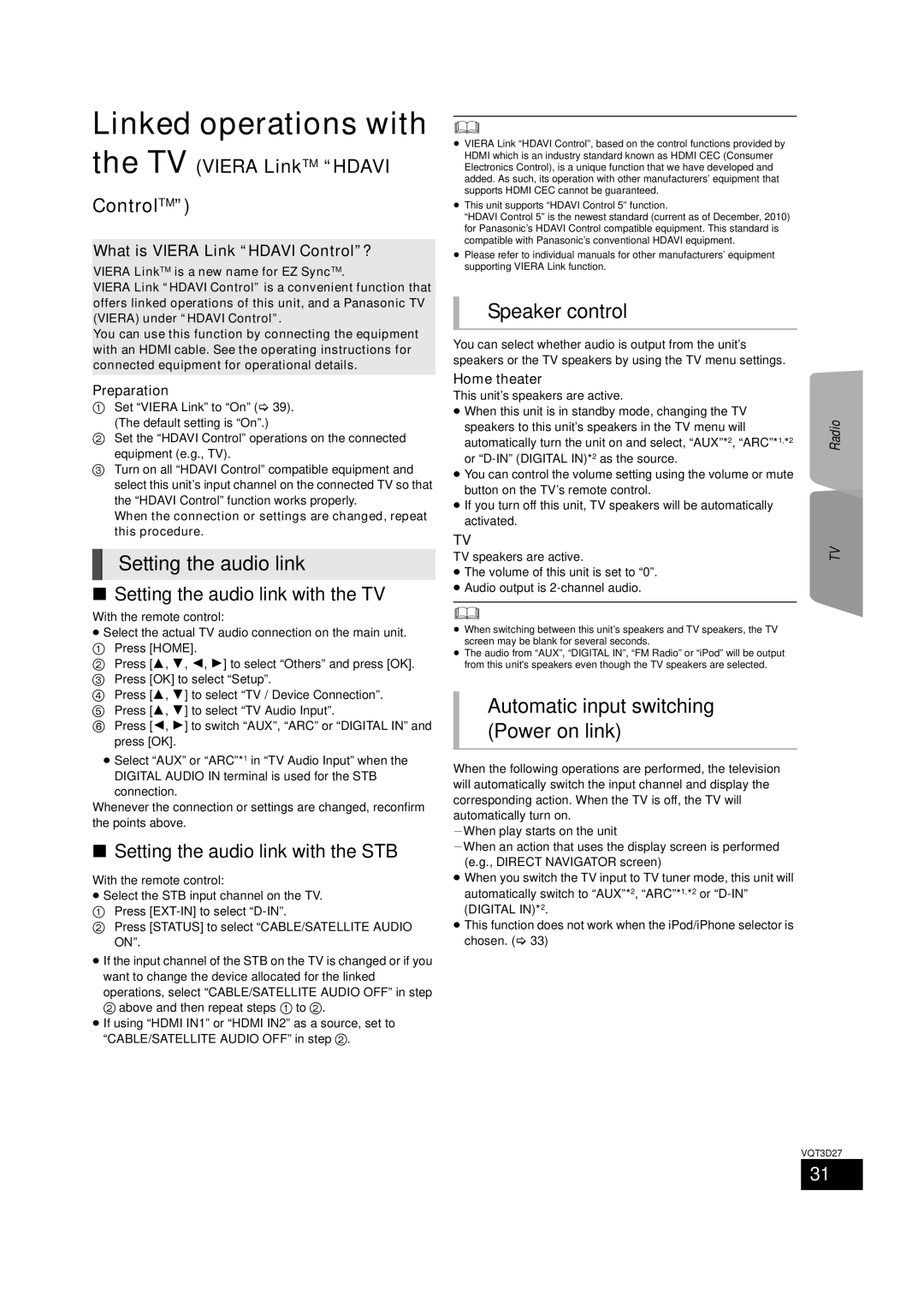 Panasonic SC-BTT770, BTT273, SC-BTT370 owner manual Linked operations with, Setting the audio link, Speaker control 