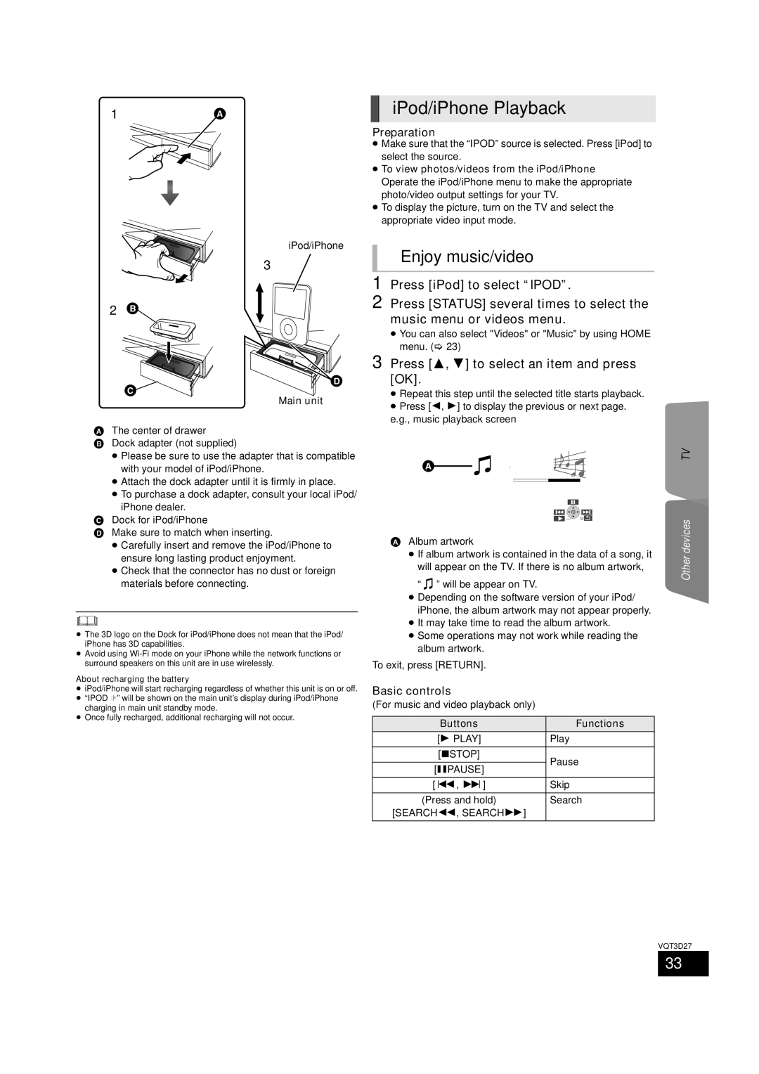 Panasonic BTT273 IPod/iPhone Playback, Enjoy music/video, Press 3, 4 to select an item and press OK, Basic controls 